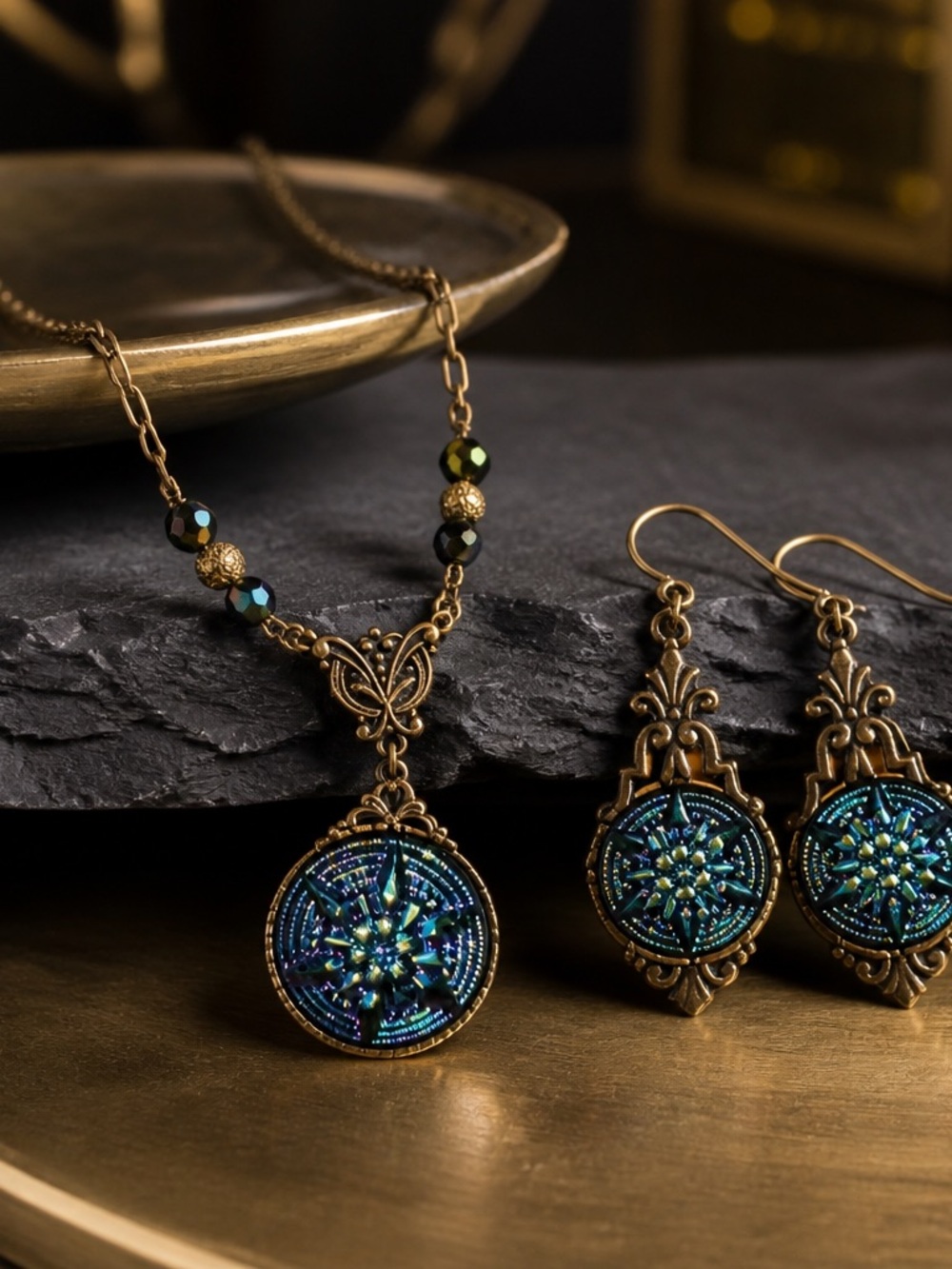 Vintage Blue Green Mosaic Pendant Necklace and Earrings Set